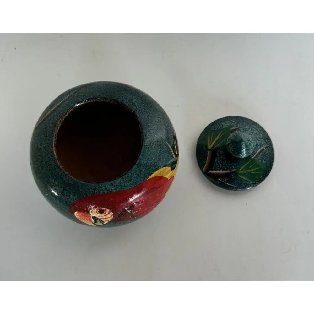 Hand Painted Wood Lacquer Bowl Jar with Lid Parrot Trinket Tropical Wooden Pot